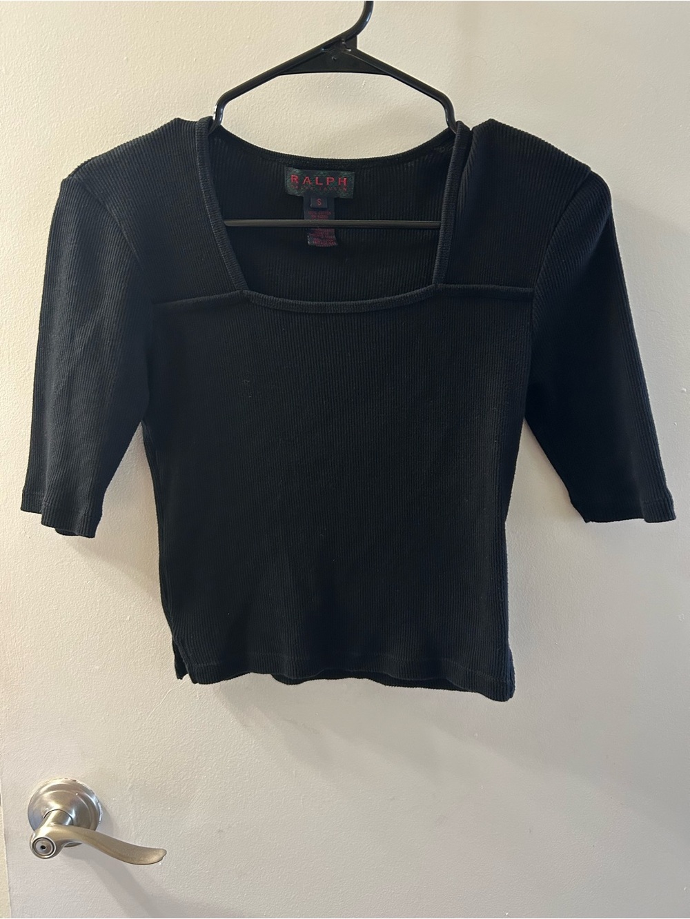 Ralph Lauren Black Ribbed Square-Neck Short Sleeve Top